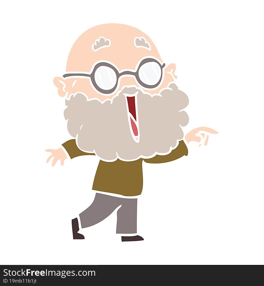 flat color style cartoon joyful man with beard pointing finger