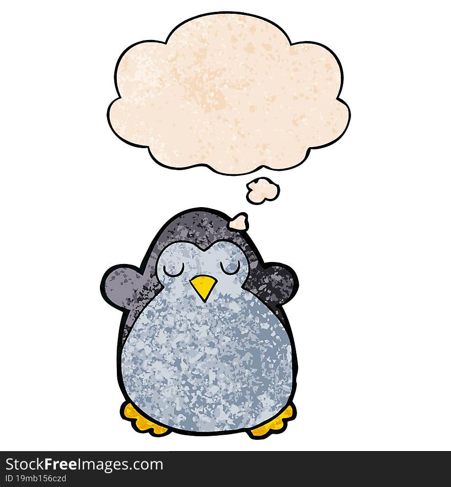 cartoon penguin and thought bubble in grunge texture pattern style