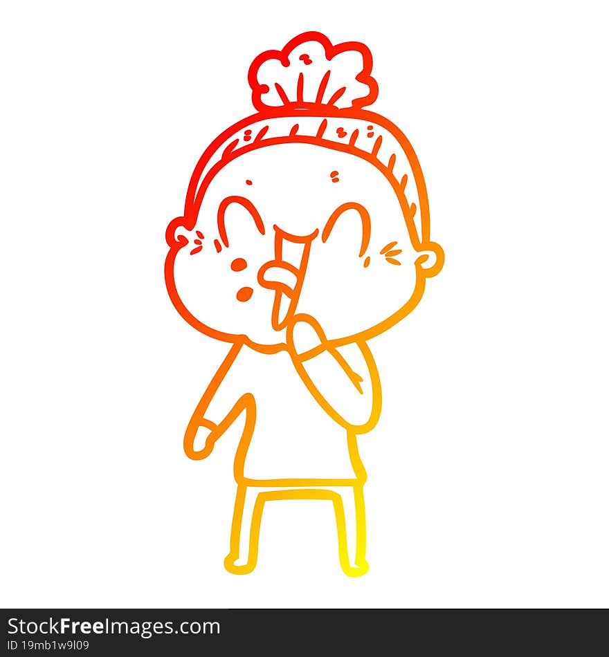 warm gradient line drawing of a cartoon happy old woman