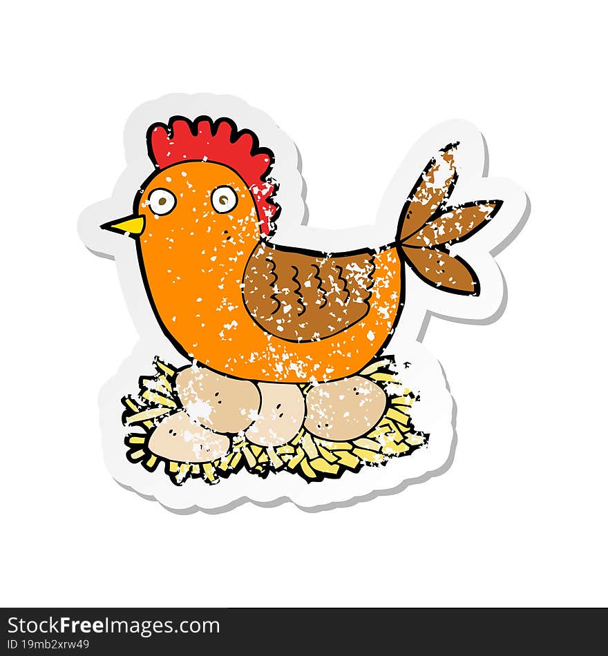 retro distressed sticker of a cartoon hen on eggs