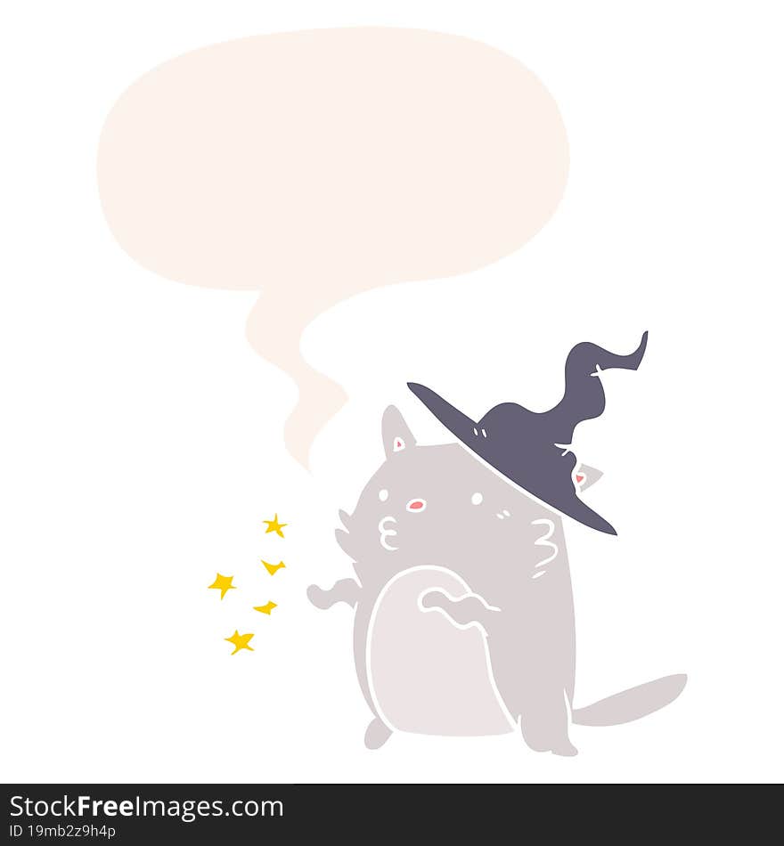 magical amazing cartoon cat wizard with speech bubble in retro style