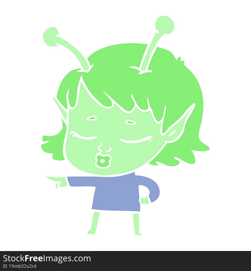 cute alien girl flat color style cartoon pointing