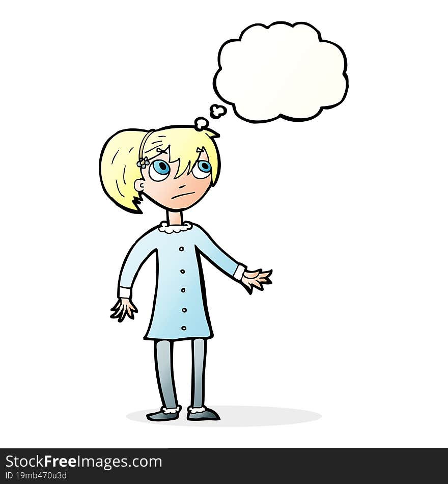 cartoon worried girl with thought bubble