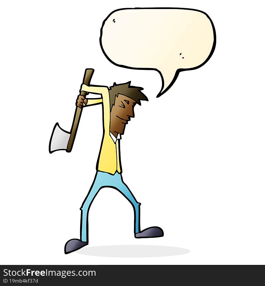 cartoon man swinging axe with speech bubble