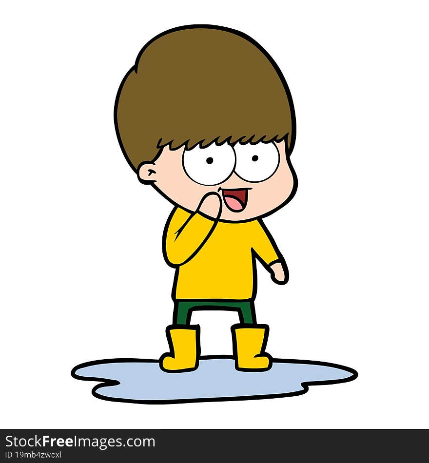 happy cartoon boy splashing in puddle. happy cartoon boy splashing in puddle