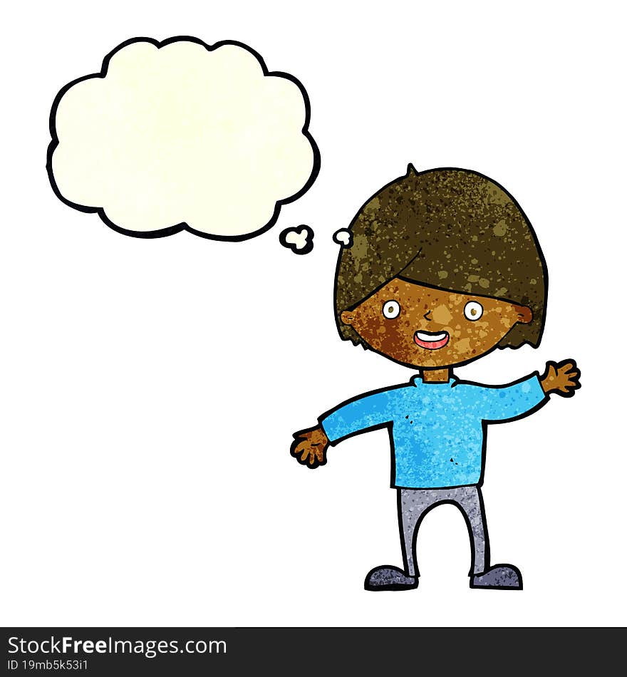 cartoon waving boy with thought bubble