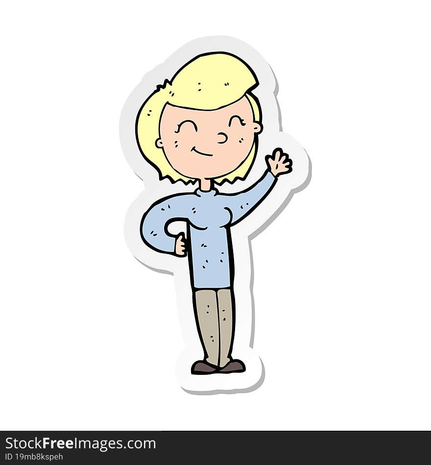 sticker of a cartoon friendly waving woman