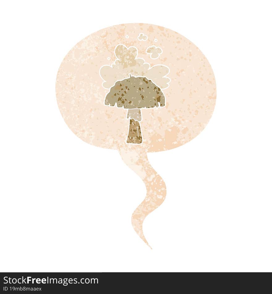 cartoon mushroom with spore cloud with speech bubble in grunge distressed retro textured style. cartoon mushroom with spore cloud with speech bubble in grunge distressed retro textured style