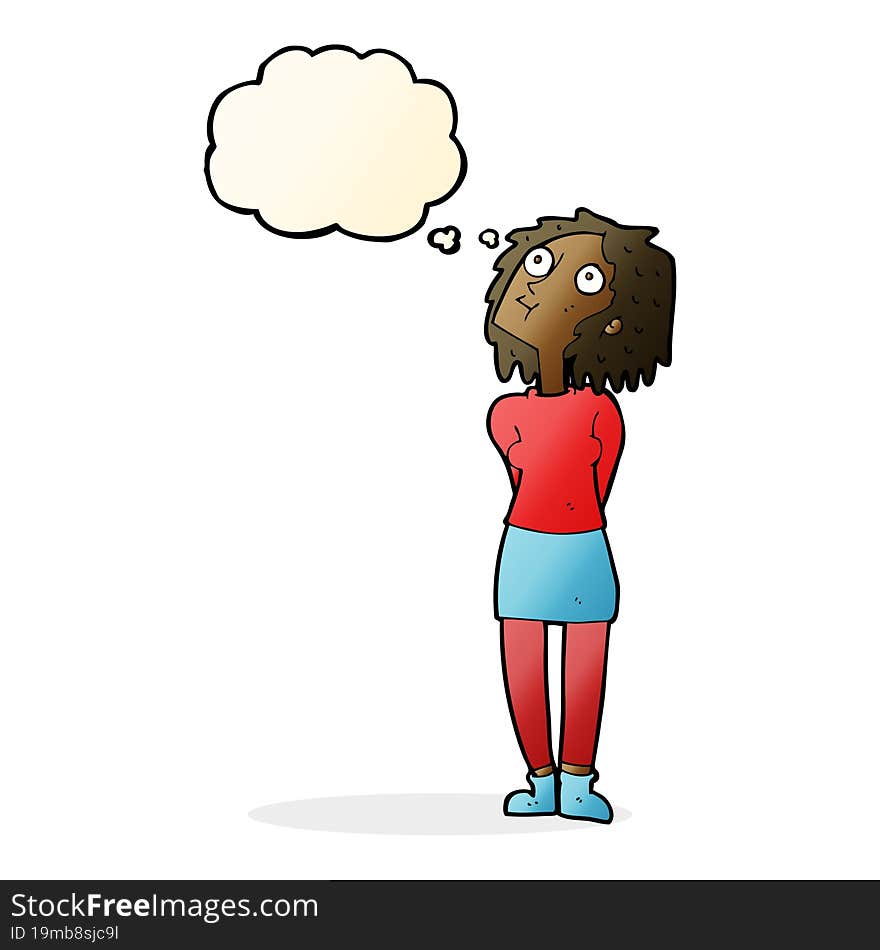 cartoon curious woman with thought bubble