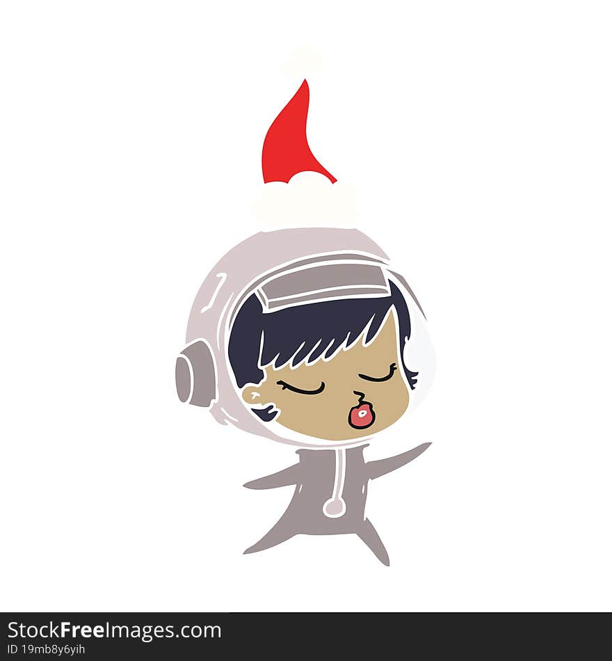 flat color illustration of a pretty astronaut girl wearing santa hat