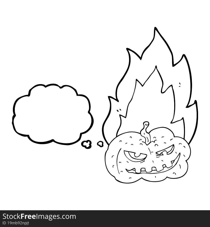 freehand drawn thought bubble cartoon flaming halloween pumpkin