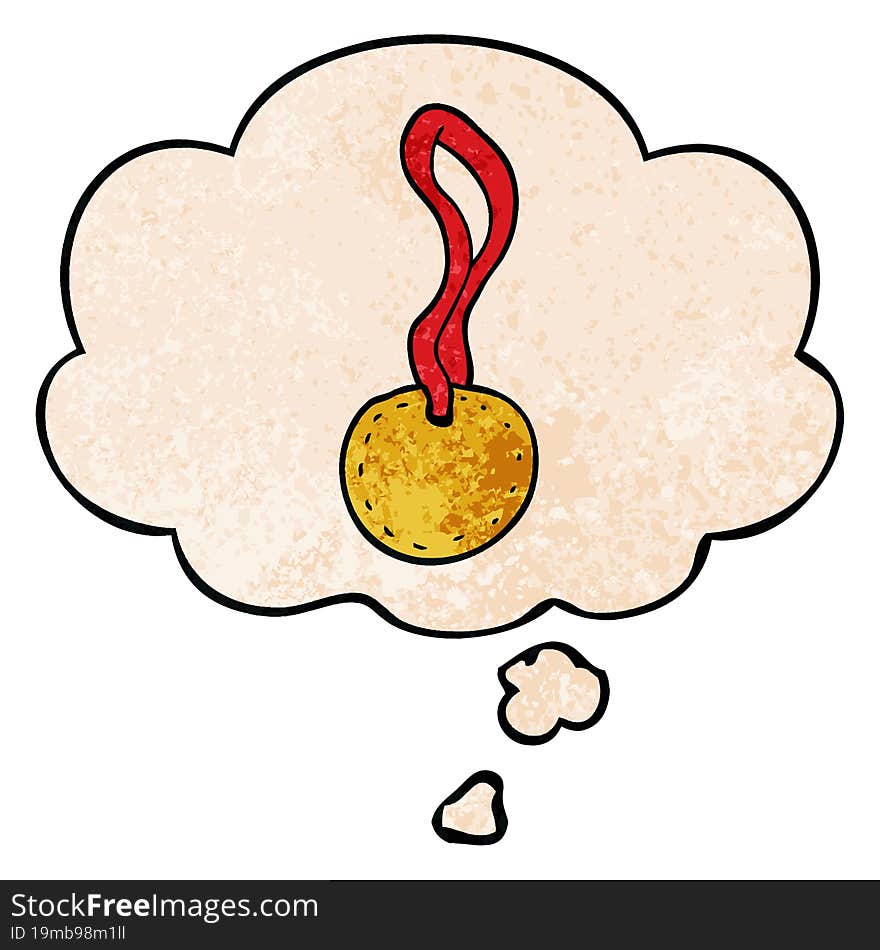 cartoon sports medal and thought bubble in grunge texture pattern style