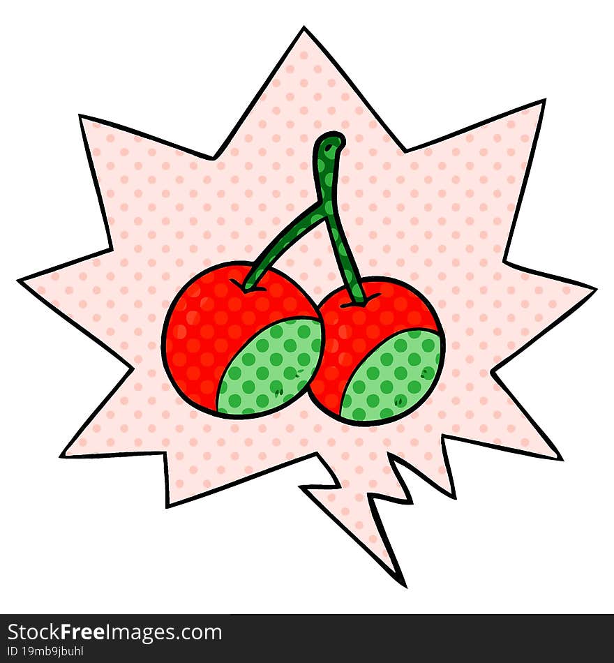 cartoon cherries and speech bubble in comic book style