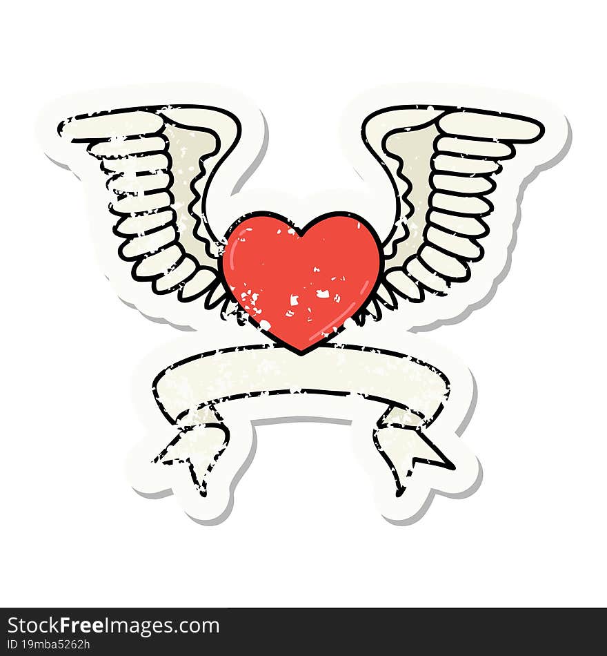 grunge sticker with banner of a heart with wings