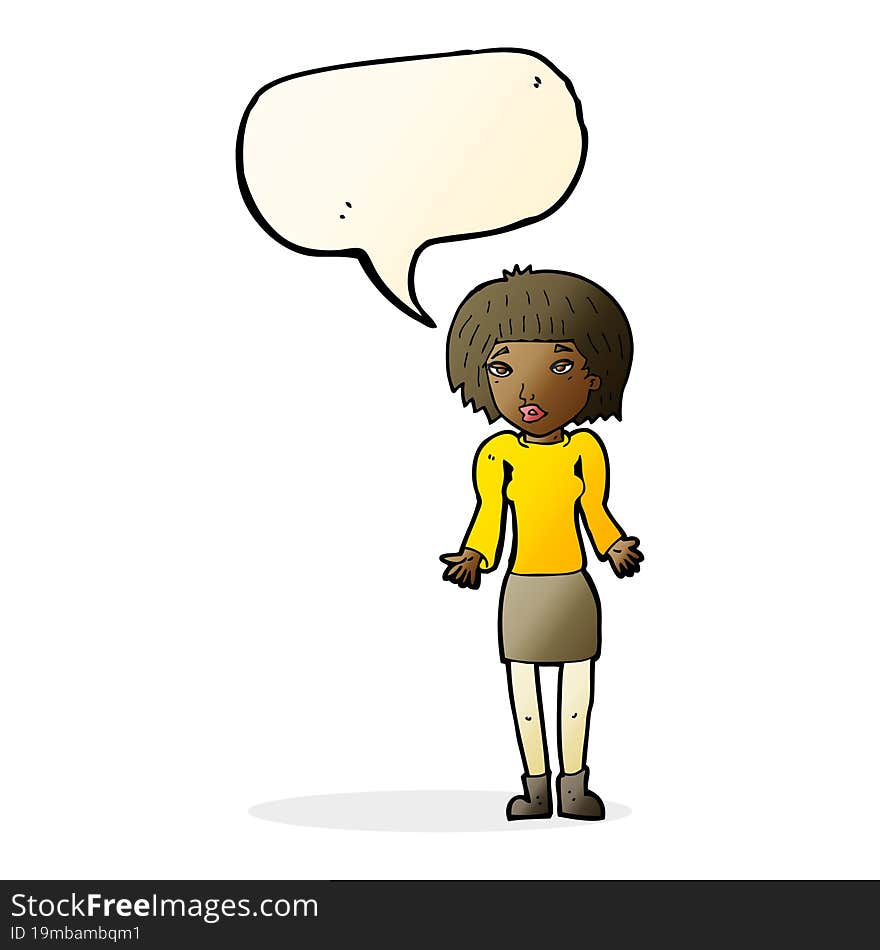 cartoon woman shrugging shoulders with speech bubble