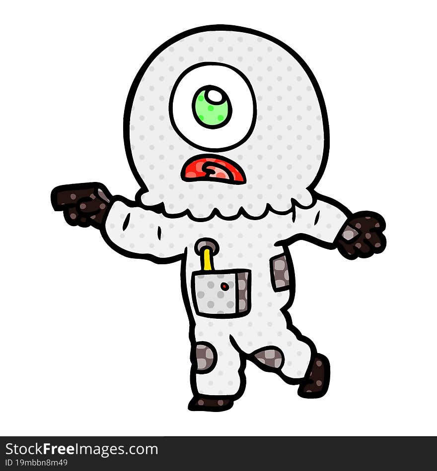 cartoon cyclops alien spaceman pointing. cartoon cyclops alien spaceman pointing