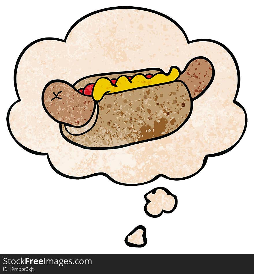 Cartoon Hot Dog And Thought Bubble In Grunge Texture Pattern Style