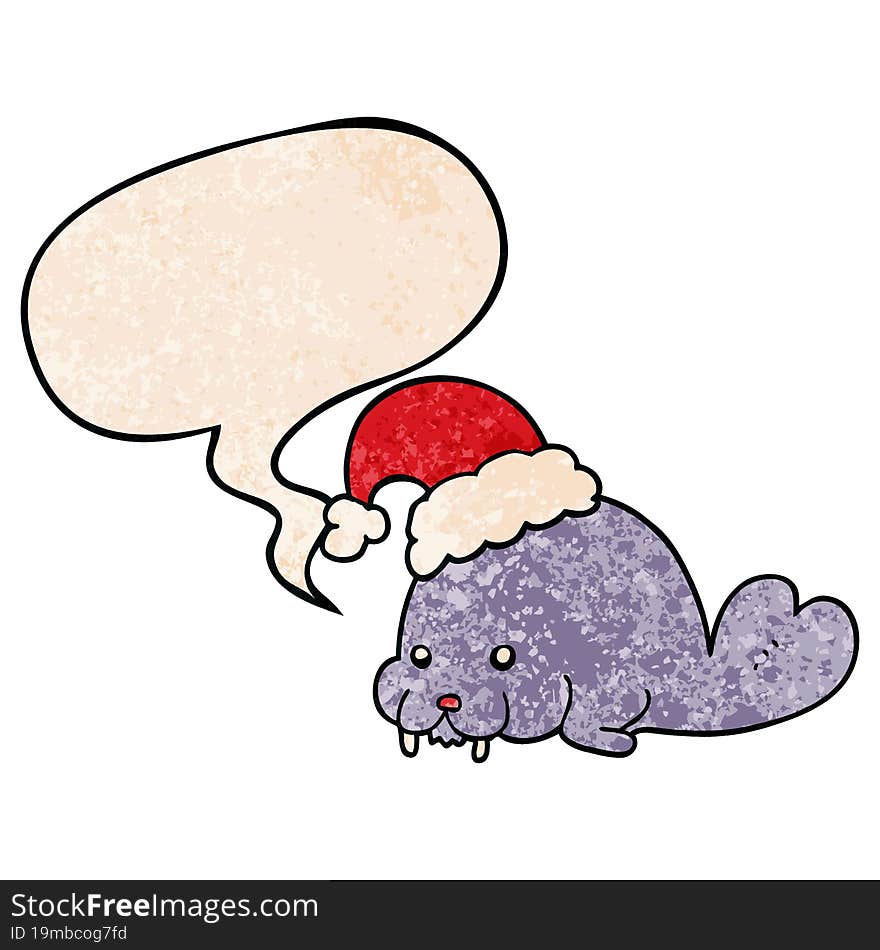 cartoon christmas walrus and speech bubble in retro texture style