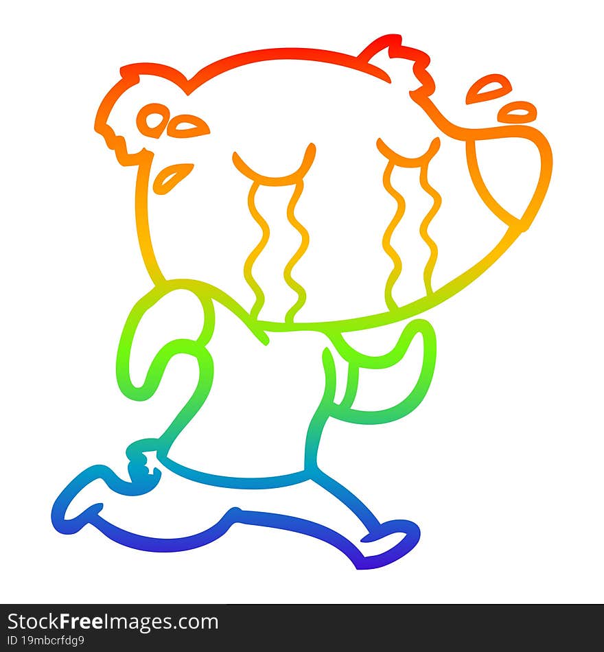 rainbow gradient line drawing cartoon crying bear running