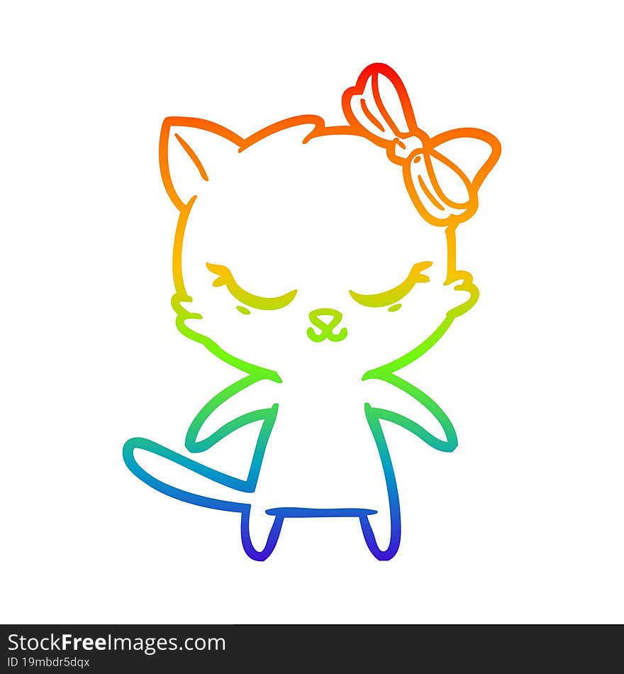 Rainbow Gradient Line Drawing Cute Cartoon Cat With Bow