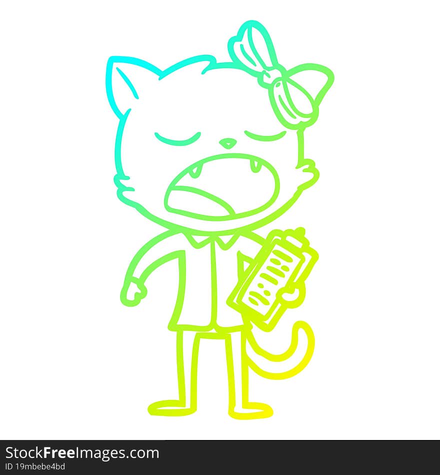 Cold Gradient Line Drawing Cartoon Yawning Cat