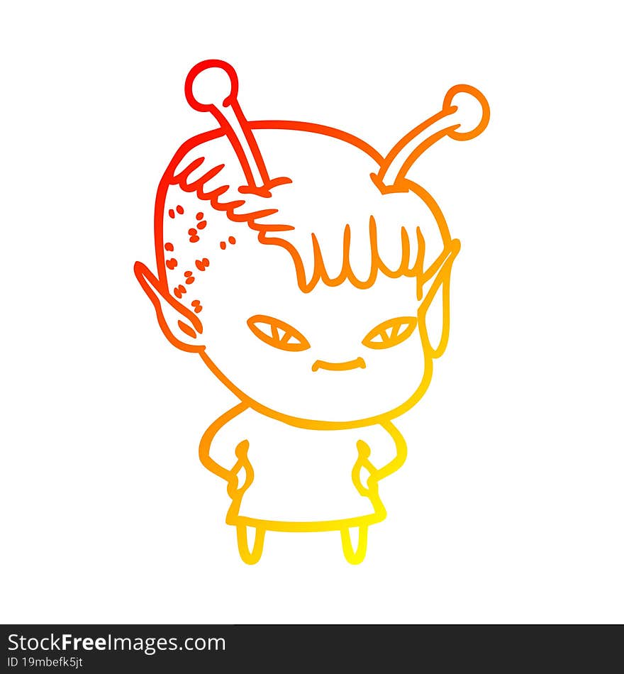 warm gradient line drawing of a cute cartoon alien girl