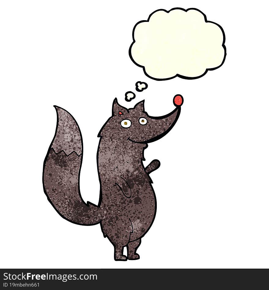 cartoon waving wolf with thought bubble