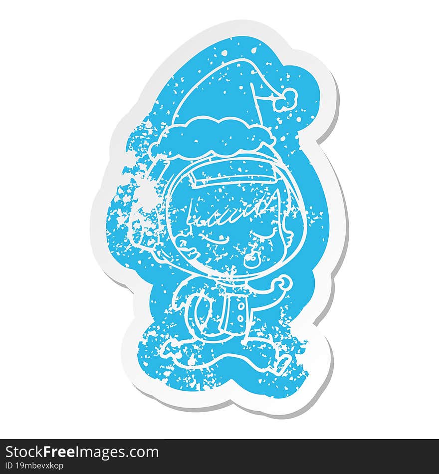 cartoon distressed sticker of a pretty astronaut girl running wearing santa hat