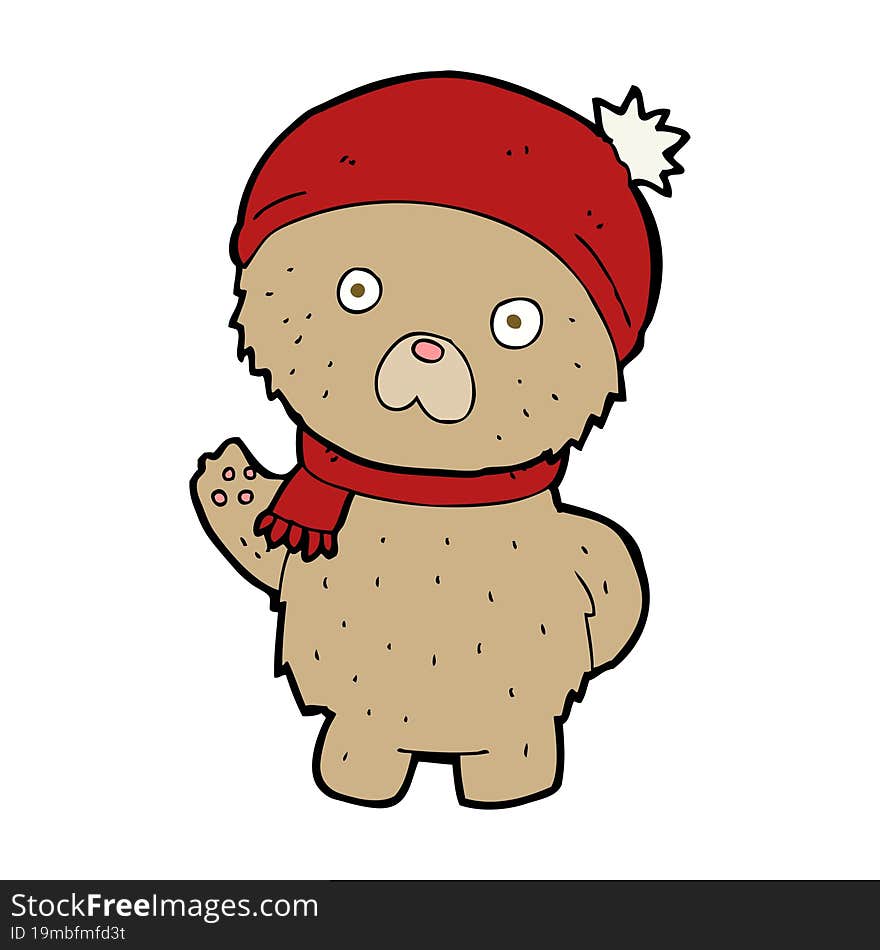 Cartoon Teddy Bear In Winter Hat And Scarf