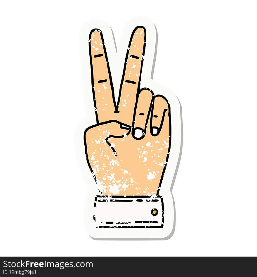 grunge sticker of a peace symbol two finger hand gesture. grunge sticker of a peace symbol two finger hand gesture