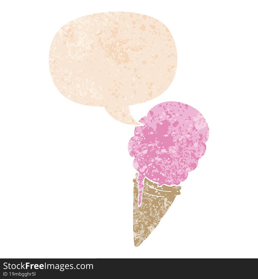 cartoon ice cream and speech bubble in retro textured style