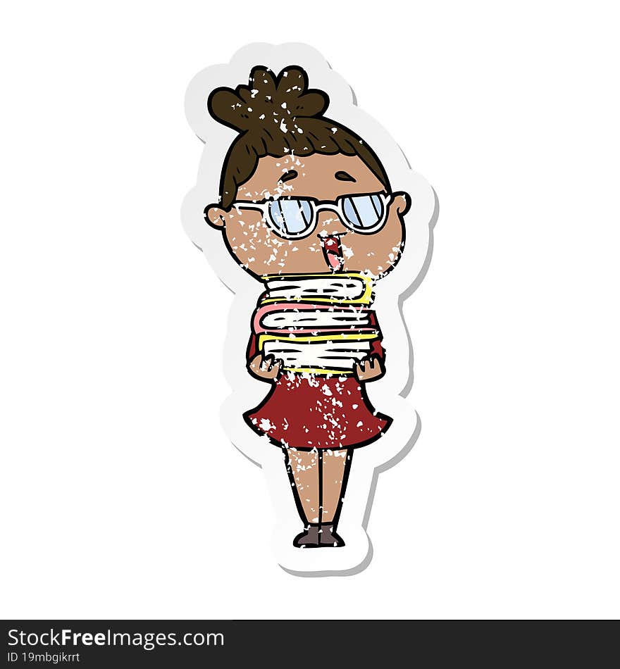 distressed sticker of a cartoon happy woman wearing spectacles