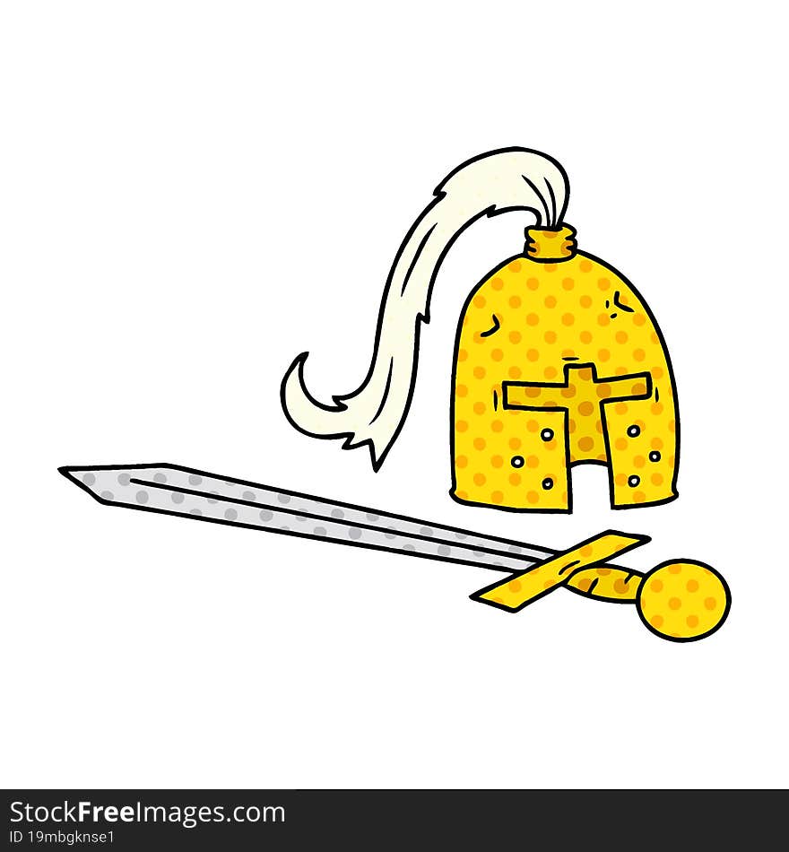 cartoon doodle of a medieval helmet and sword