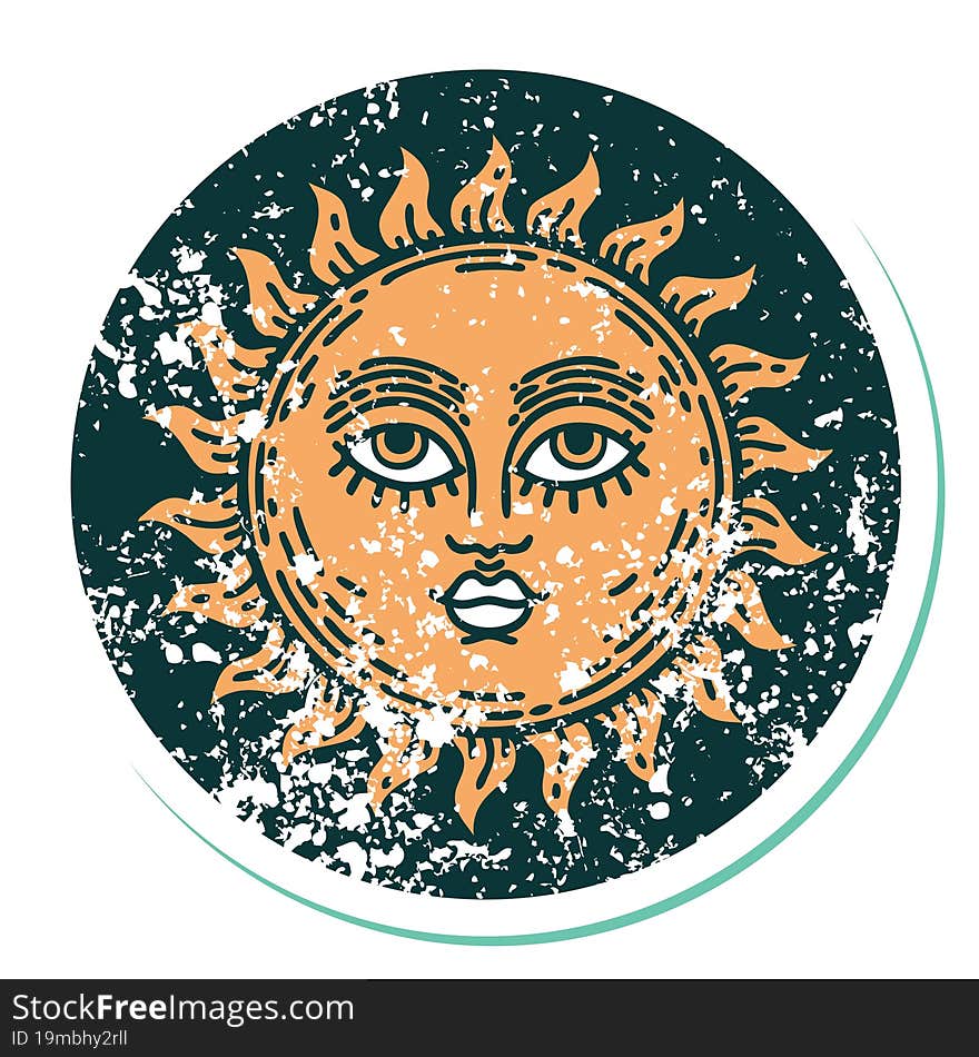 distressed sticker tattoo style icon of a sun with face