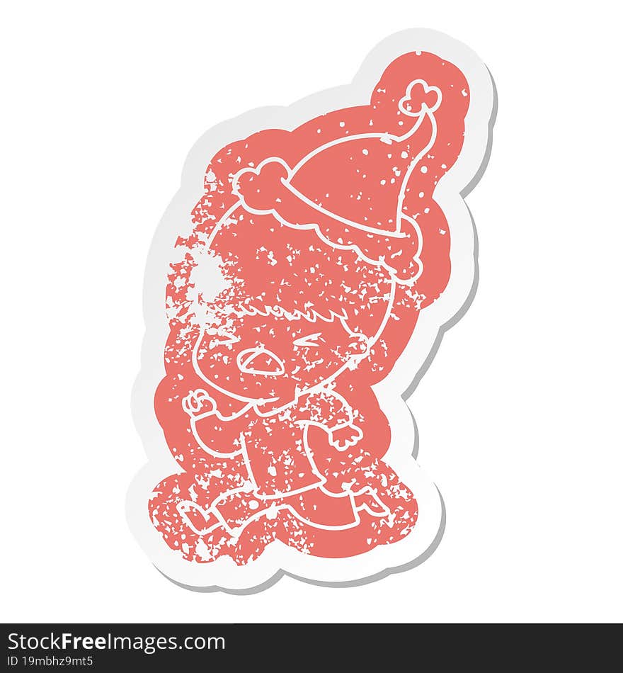 Cartoon Distressed Sticker Of A Stressed Man Wearing Santa Hat