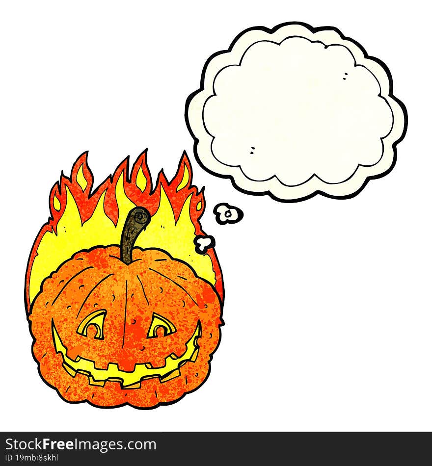 cartoon grinning pumpkin with thought bubble