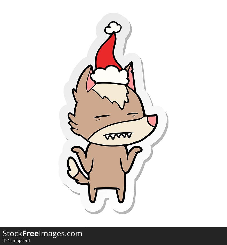 sticker cartoon of a wolf showing teeth wearing santa hat