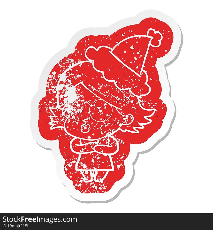 cartoon distressed sticker of a girl pouting wearing santa hat