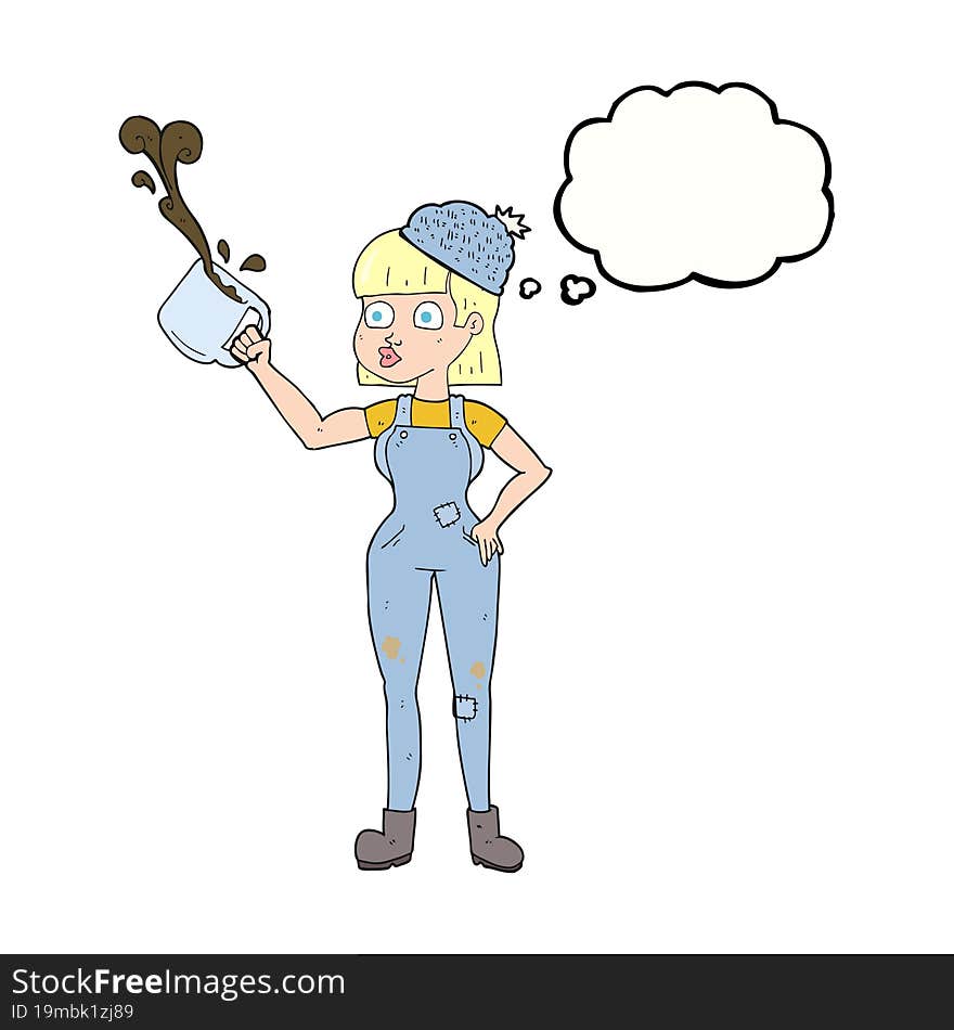 freehand drawn thought bubble cartoon female worker with coffee mug