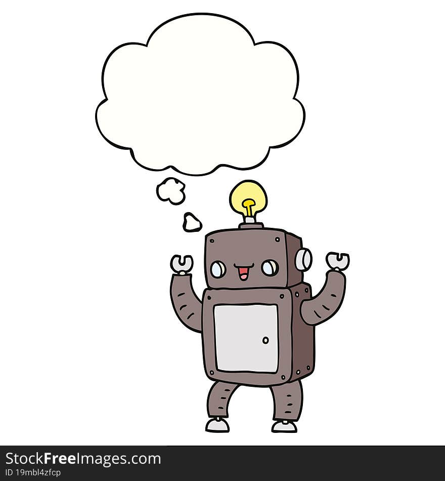 cartoon happy robot with thought bubble. cartoon happy robot with thought bubble