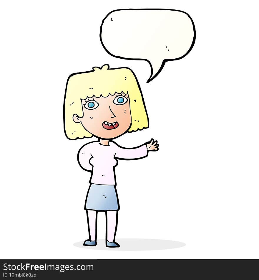 Cartoon Friendly Woman Waving With Speech Bubble