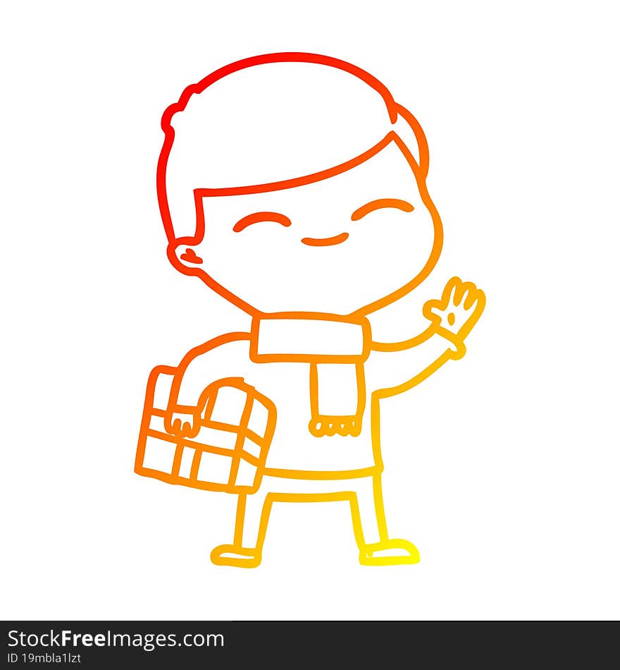 warm gradient line drawing cartoon smiling boy with gift