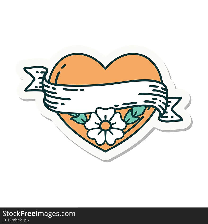 sticker of tattoo in traditional style of a heart and banner with flowers. sticker of tattoo in traditional style of a heart and banner with flowers