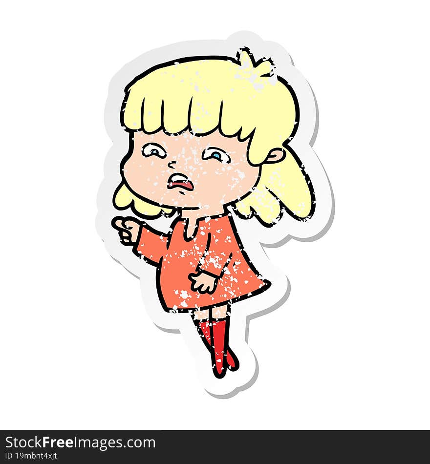 distressed sticker of a cartoon worried woman