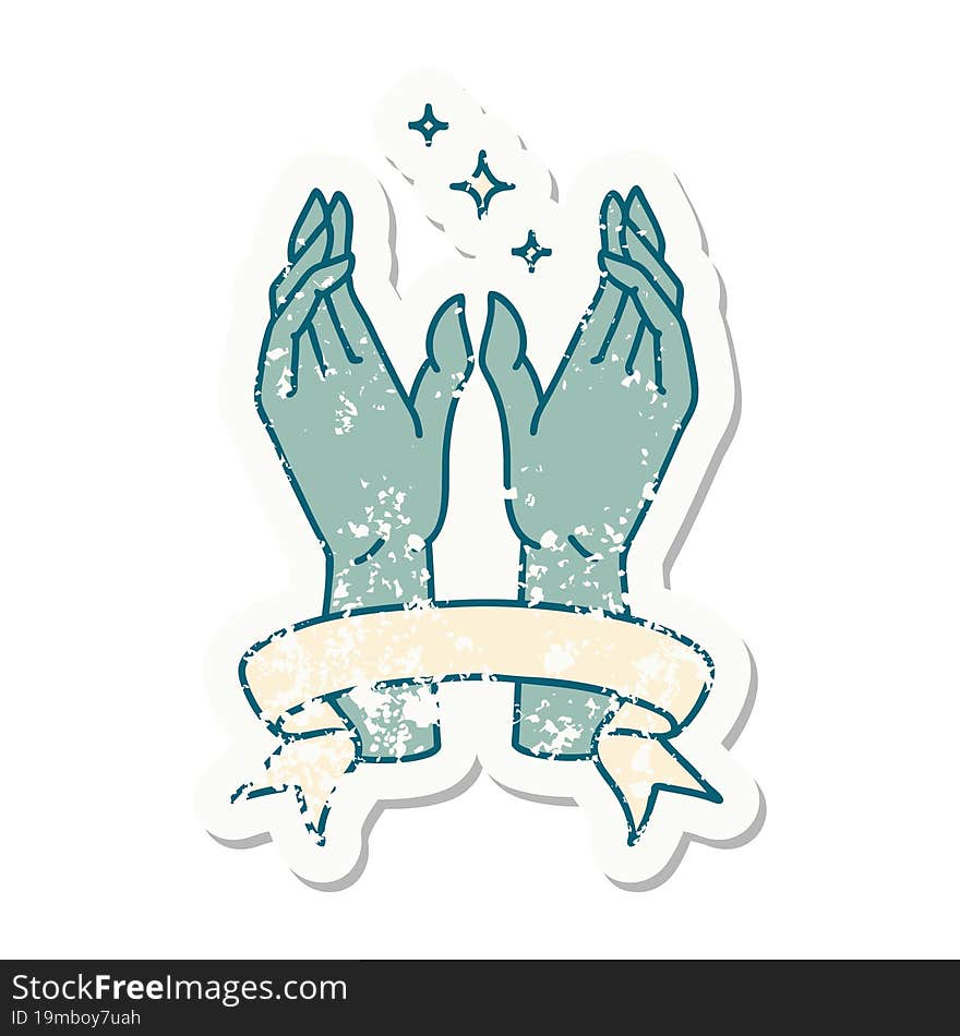 grunge sticker with banner of mystic hands