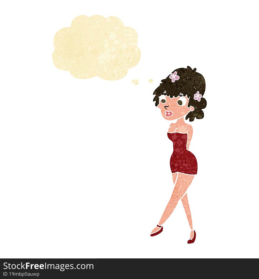 cartoon woman posing in dress with thought bubble