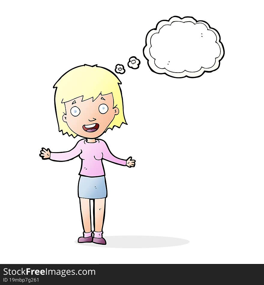 cartoon excited woman with thought bubble