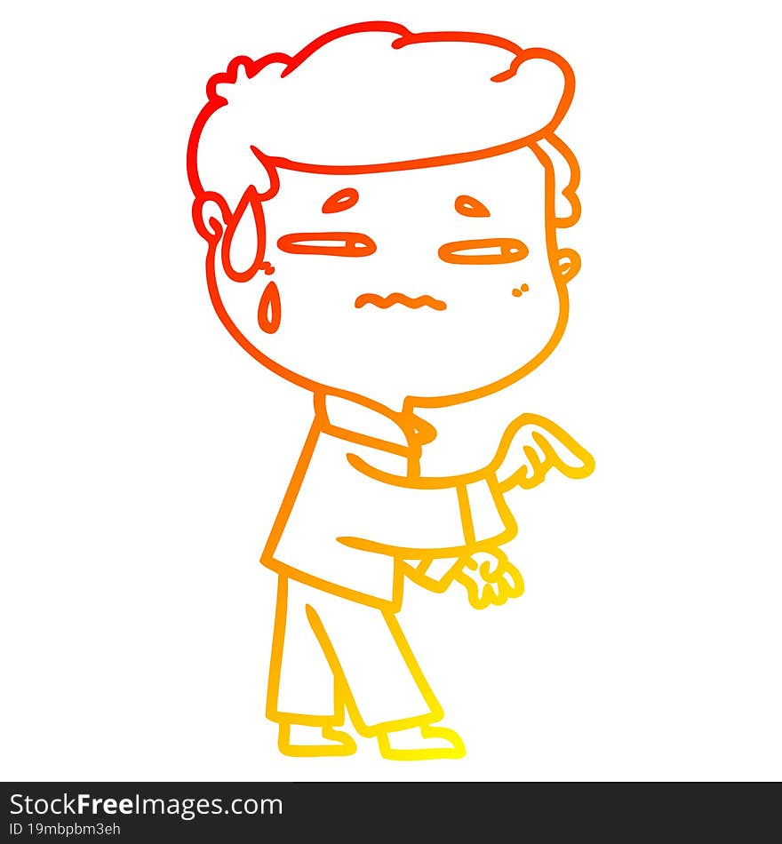 warm gradient line drawing of a cartoon anxious man pointing