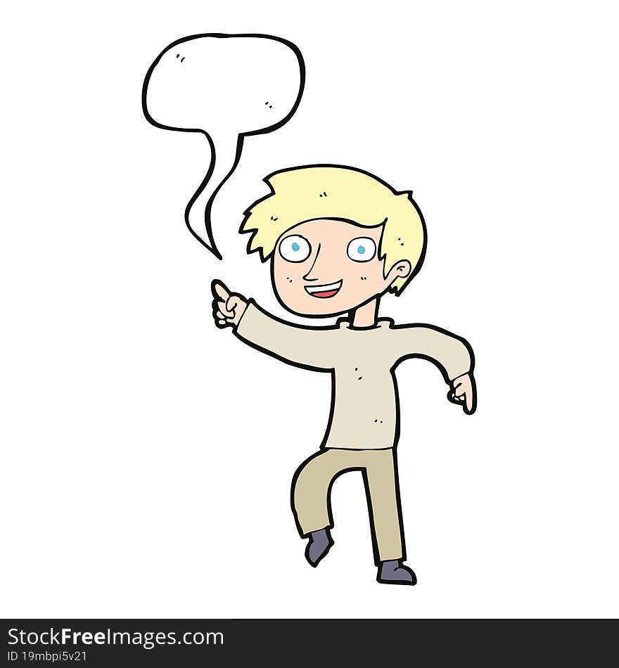 cartoon happy boy pointing with speech bubble