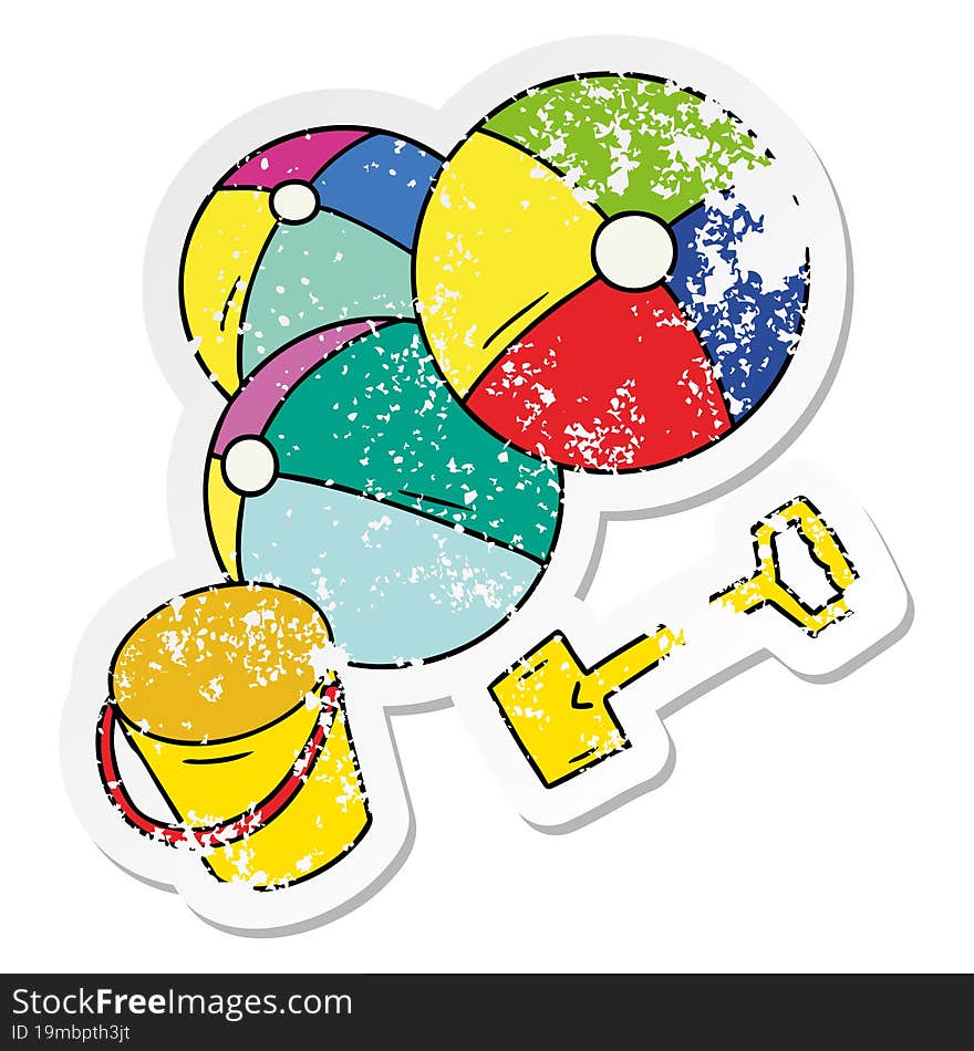 distressed sticker cartoon doodle beach balls with a bucket and spade